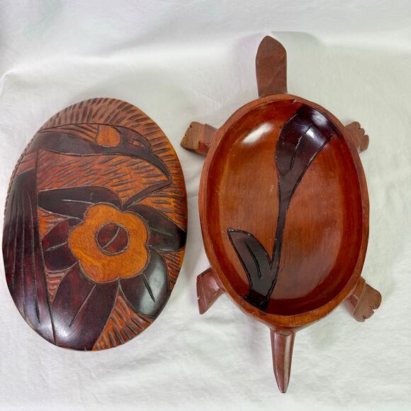 Wooden Turtle Tortoise Hand Carved Trinket Box Bowl Removeable Lid Floral - Picture 5 of 8